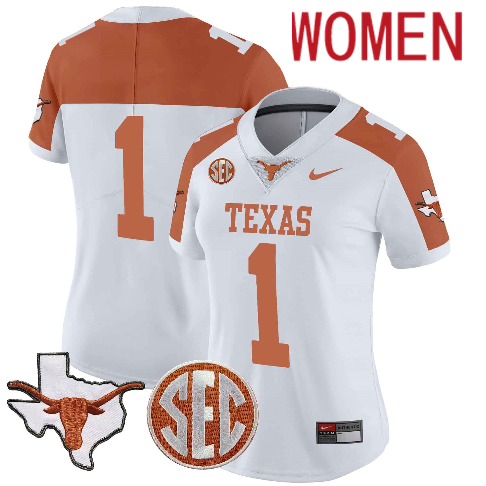 Women Texas Longhorns 1 No Name White 2024 Nike State Map & SEC Patch Vapor NCAA Jersey style 1